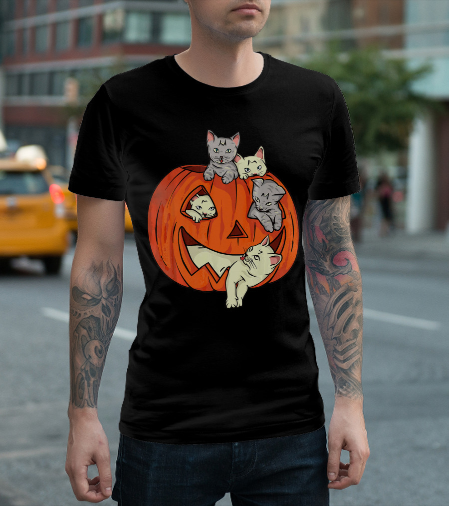 Cats in Jack O Lantern Pumpkin Halloween Scene T-Shirt