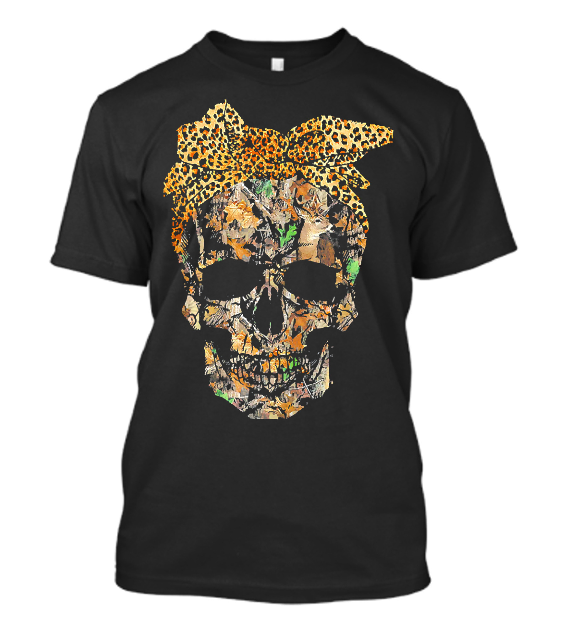 Camouflage Skull With Leopard Print Bow And Hunting Elements T-Shirt