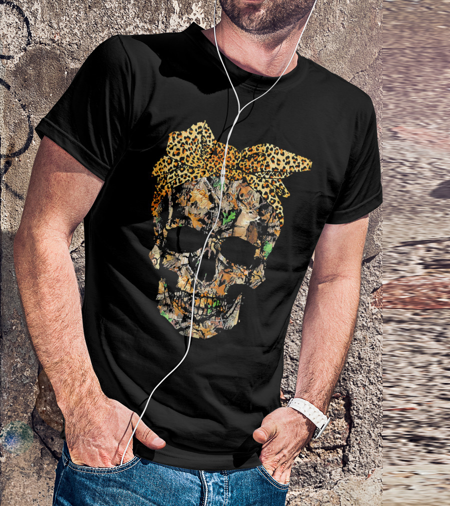 Camouflage Skull With Leopard Print Bow And Hunting Elements T-Shirt