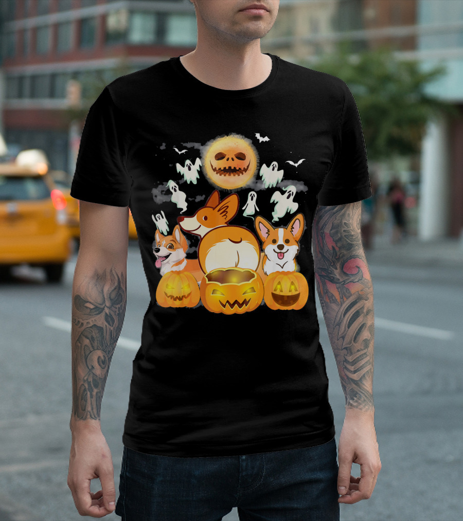 Welsh Corgi Cardigans Pumpkin Ghosts Halloween Team With Spooky Bats T-Shirt