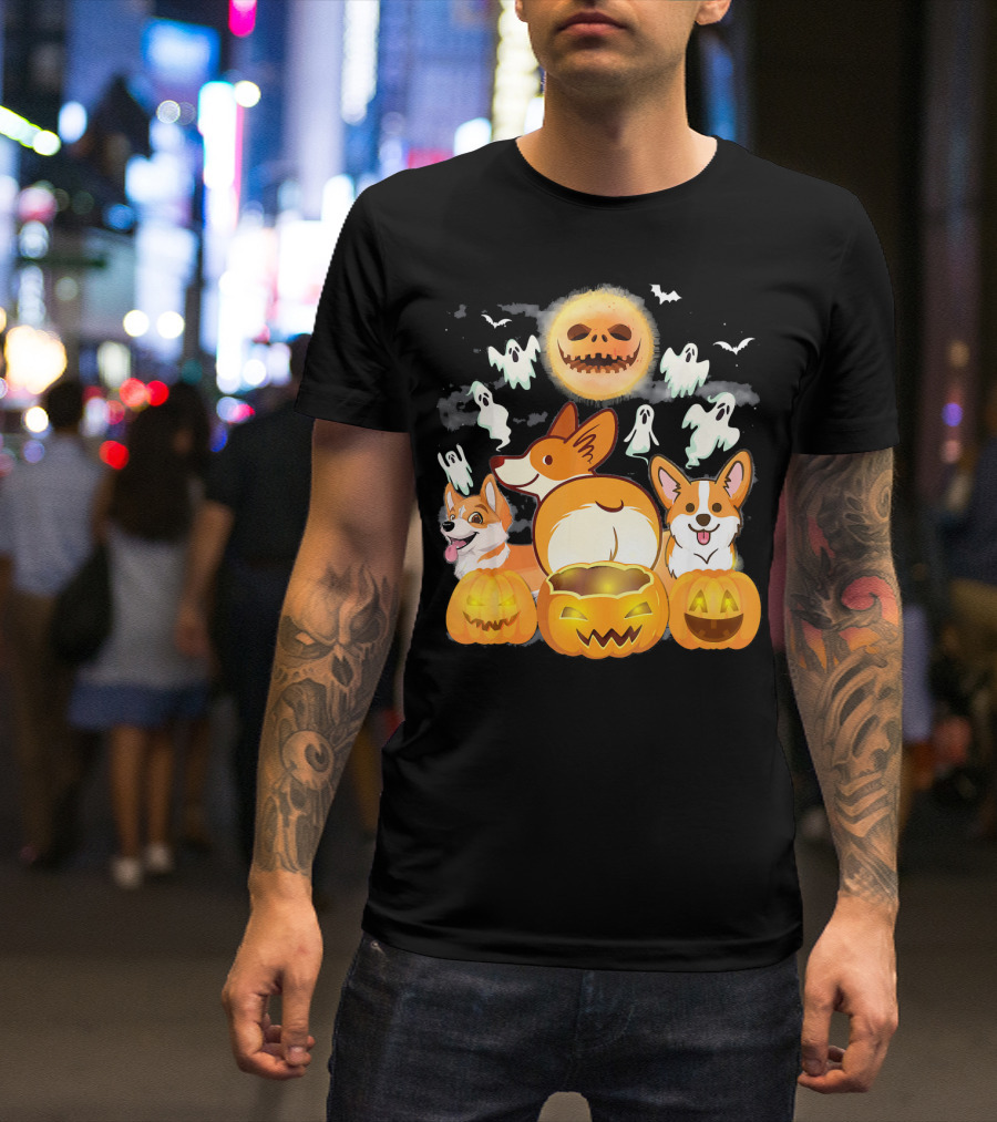 Welsh Corgi Cardigans Pumpkin Ghosts Halloween Team With Spooky Bats T-Shirt