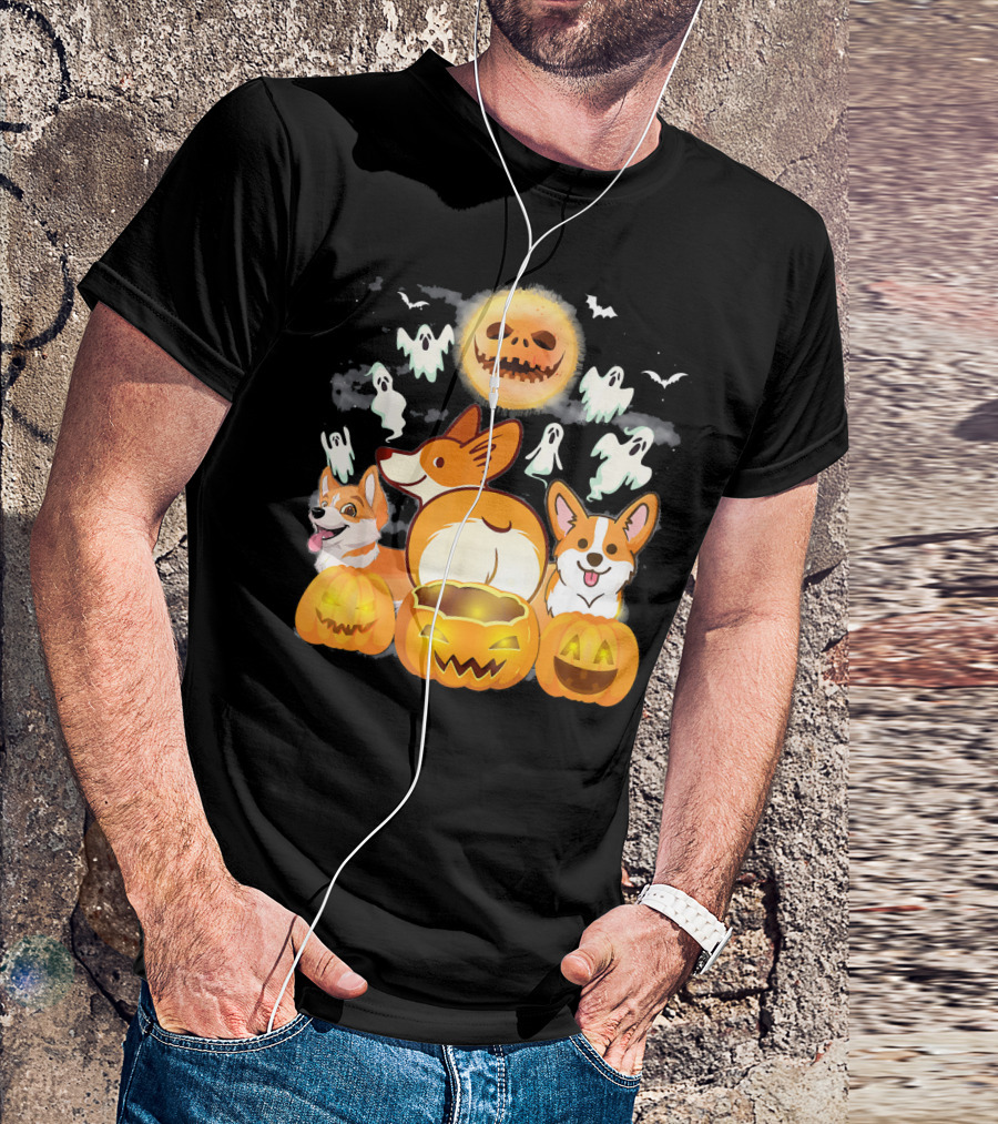 Welsh Corgi Cardigans Pumpkin Ghosts Halloween Team With Spooky Bats T-Shirt