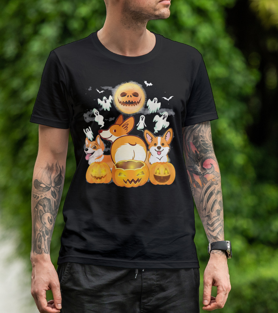 Welsh Corgi Cardigans Pumpkin Ghosts Halloween Team With Spooky Bats T-Shirt