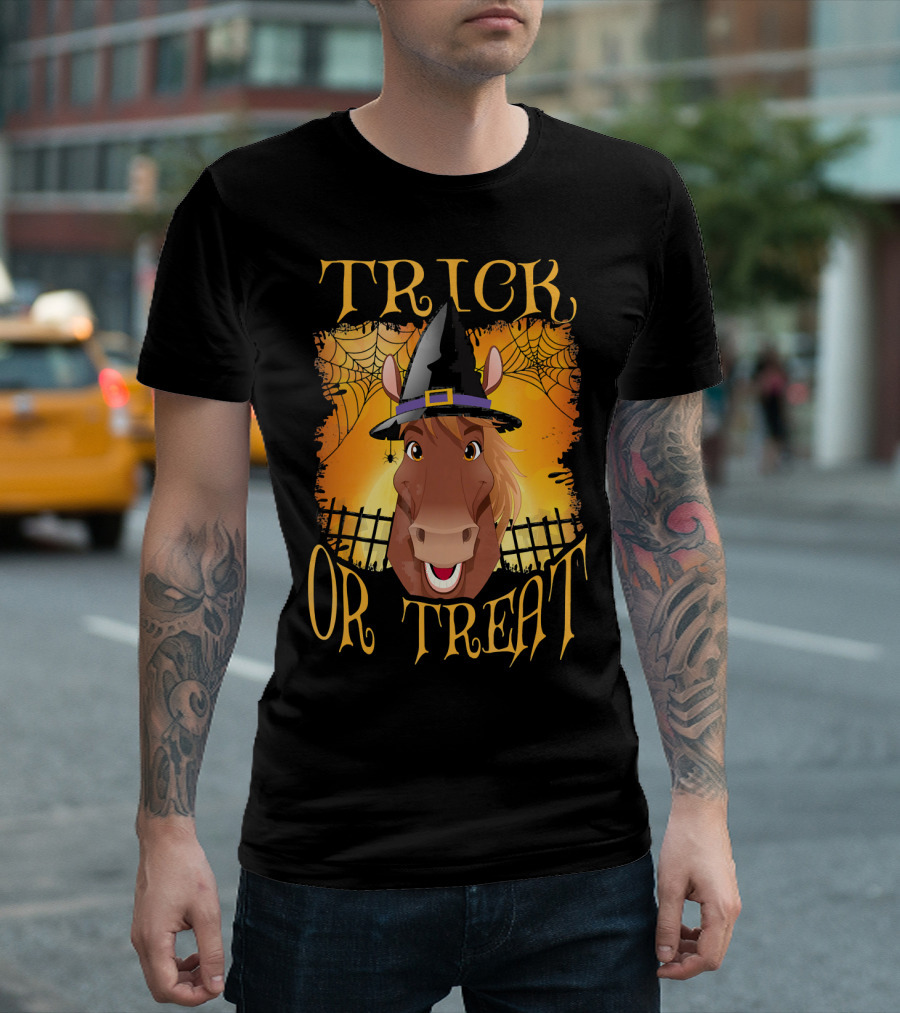 Trick Or Treat Horse With Witch Hat And Spider Web T-Shirt
