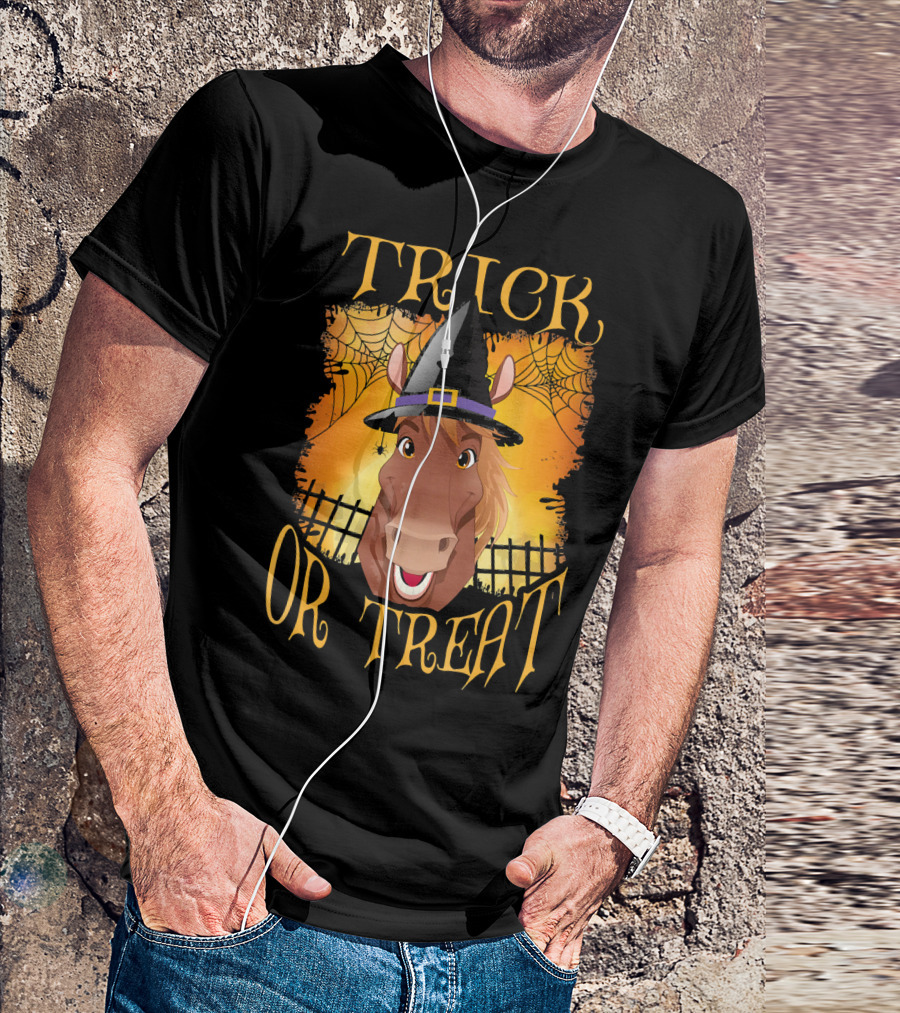 Trick Or Treat Horse With Witch Hat And Spider Web T-Shirt