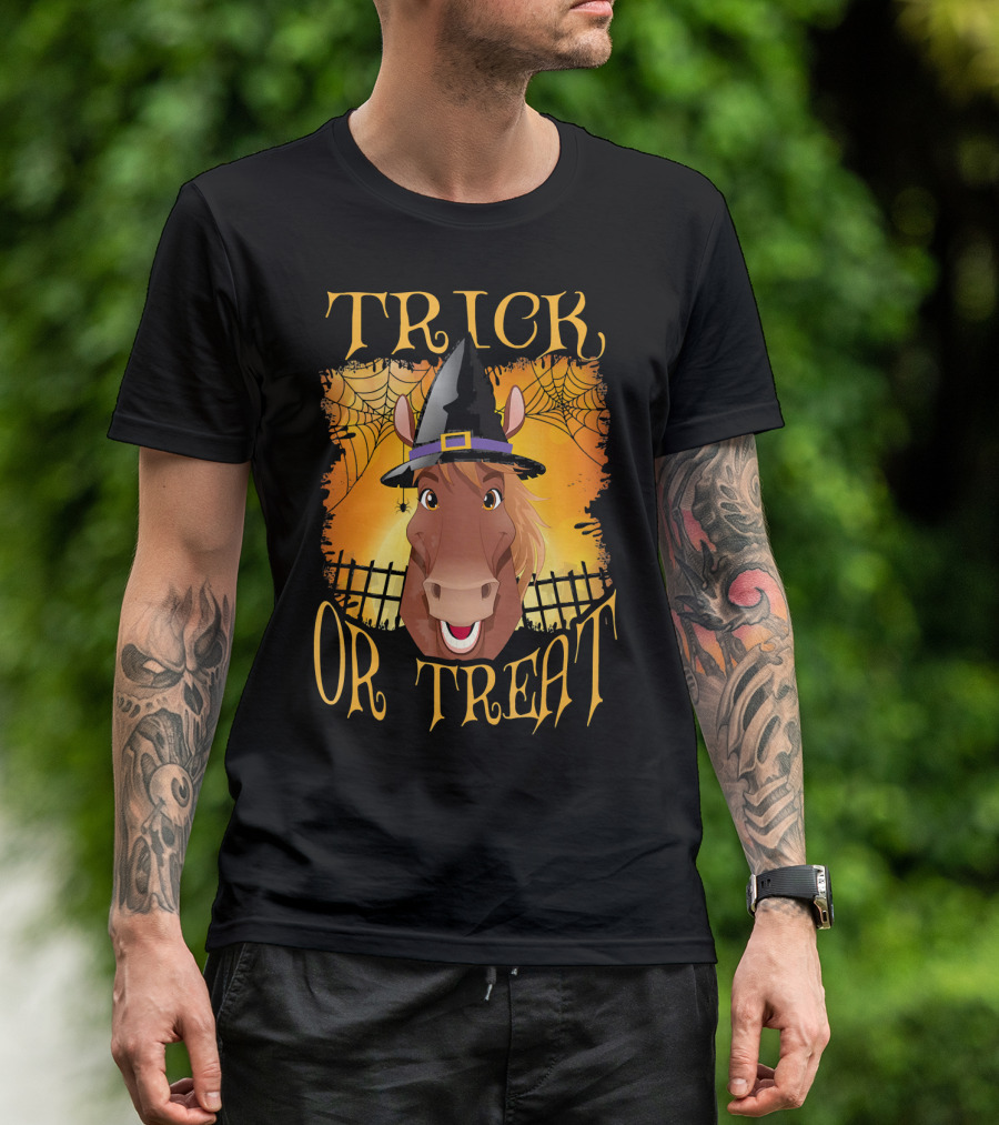 Trick Or Treat Horse With Witch Hat And Spider Web T-Shirt