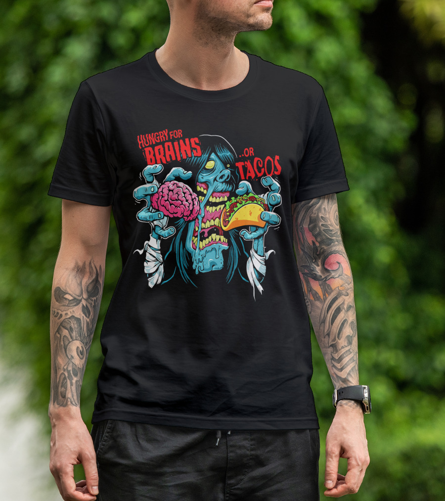 Hungry For Brains Or Tacos Zombie Halloween Costume T-Shirt