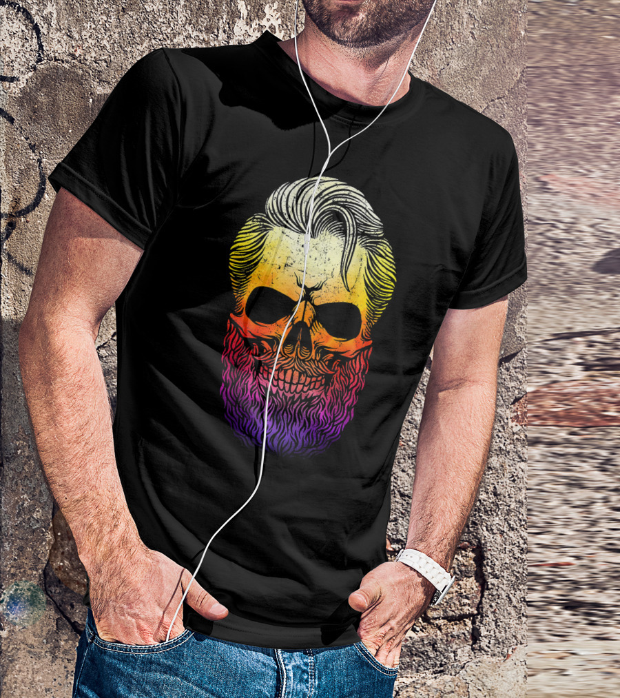 Creepy Bearded Skull With Colorful Gradient For Halloween And Ske T-Shirt