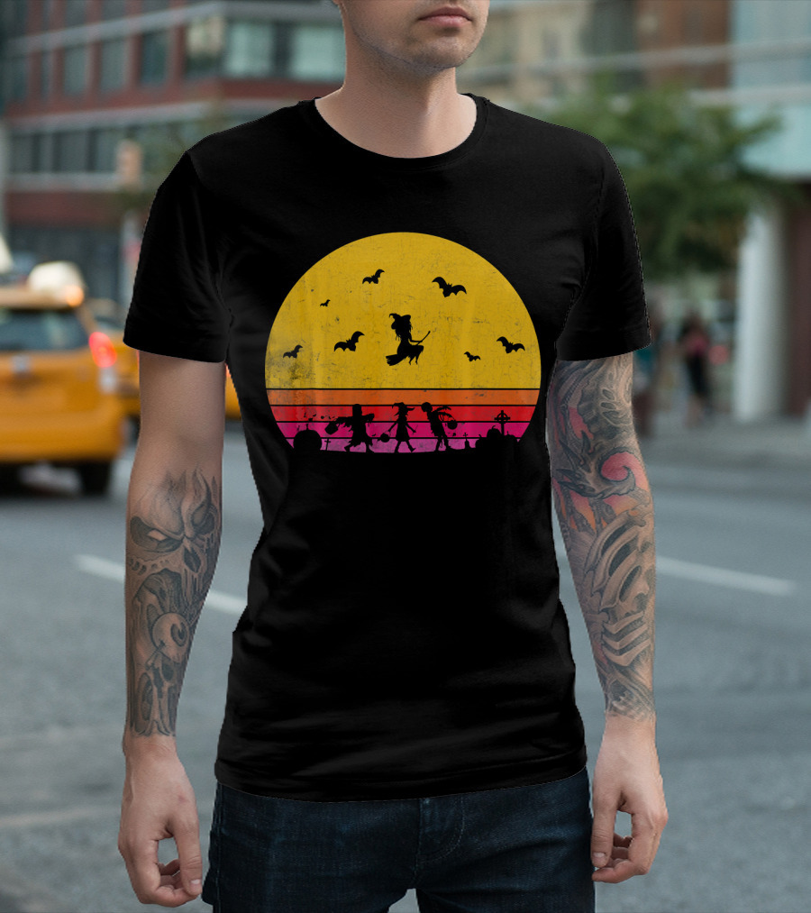 Horror Halloween Sunset Witch Bats Vintage T-Shirt