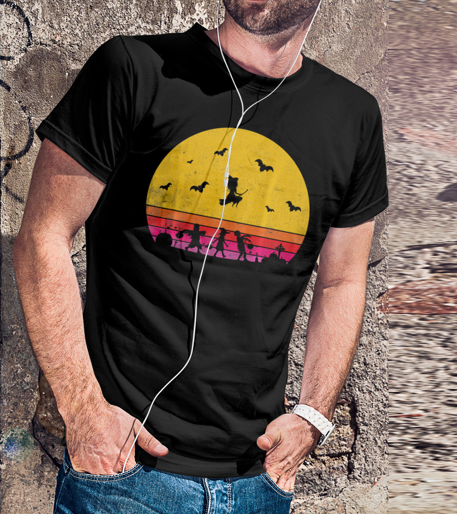 Horror Halloween Sunset Witch Bats Vintage T-Shirt
