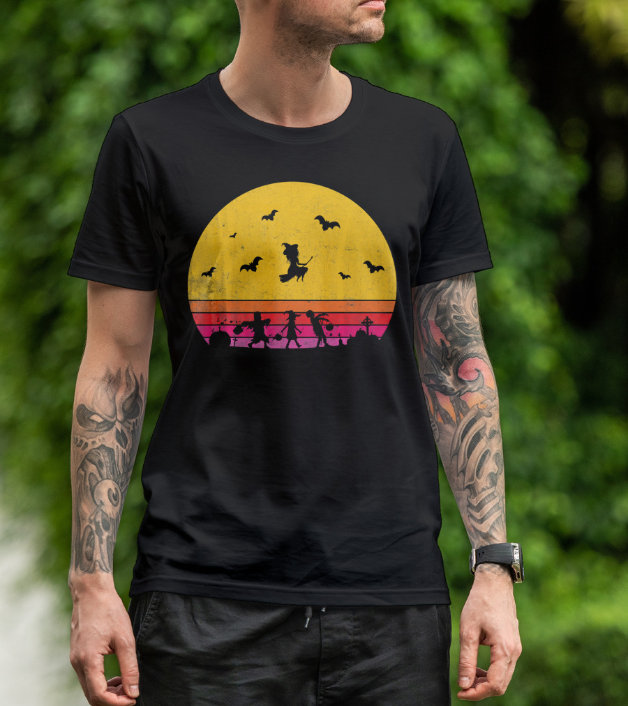 Horror Halloween Sunset Witch Bats Vintage T-Shirt