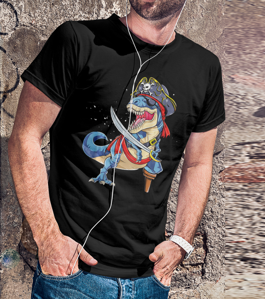T-Rex Pirate Jolly Roger Dinosaur With Peg Leg And Sword T-Shirt