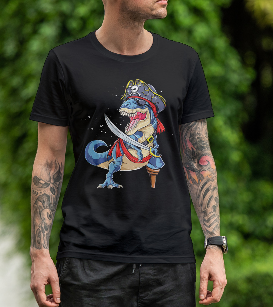 T-Rex Pirate Jolly Roger Dinosaur With Peg Leg And Sword T-Shirt