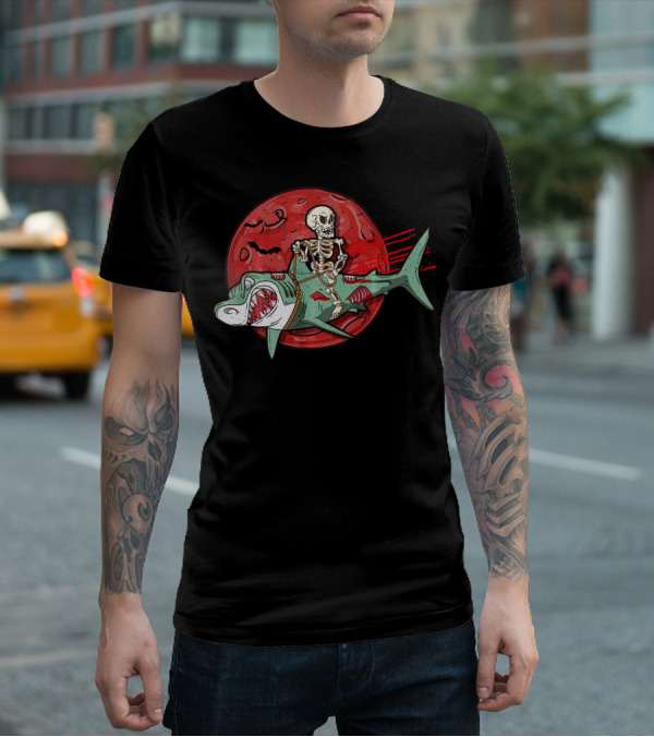 Skeleton Riding Shark Zombie With Red Moon And Bats T-Shirt