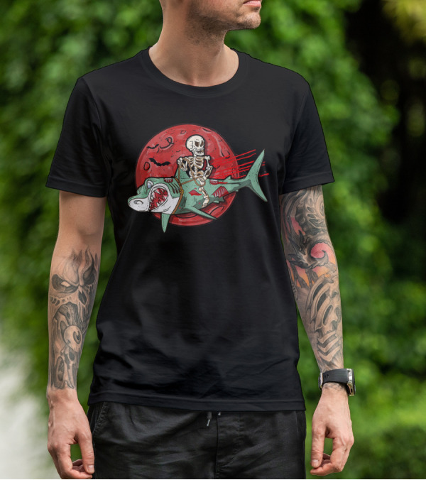 Skeleton Riding Shark Zombie With Red Moon And Bats T-Shirt