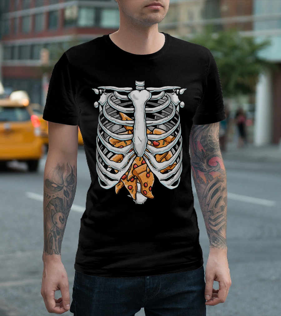 Funny Rib Cage Skeleton X Ray with Pizza Slices Inside T-Shirt