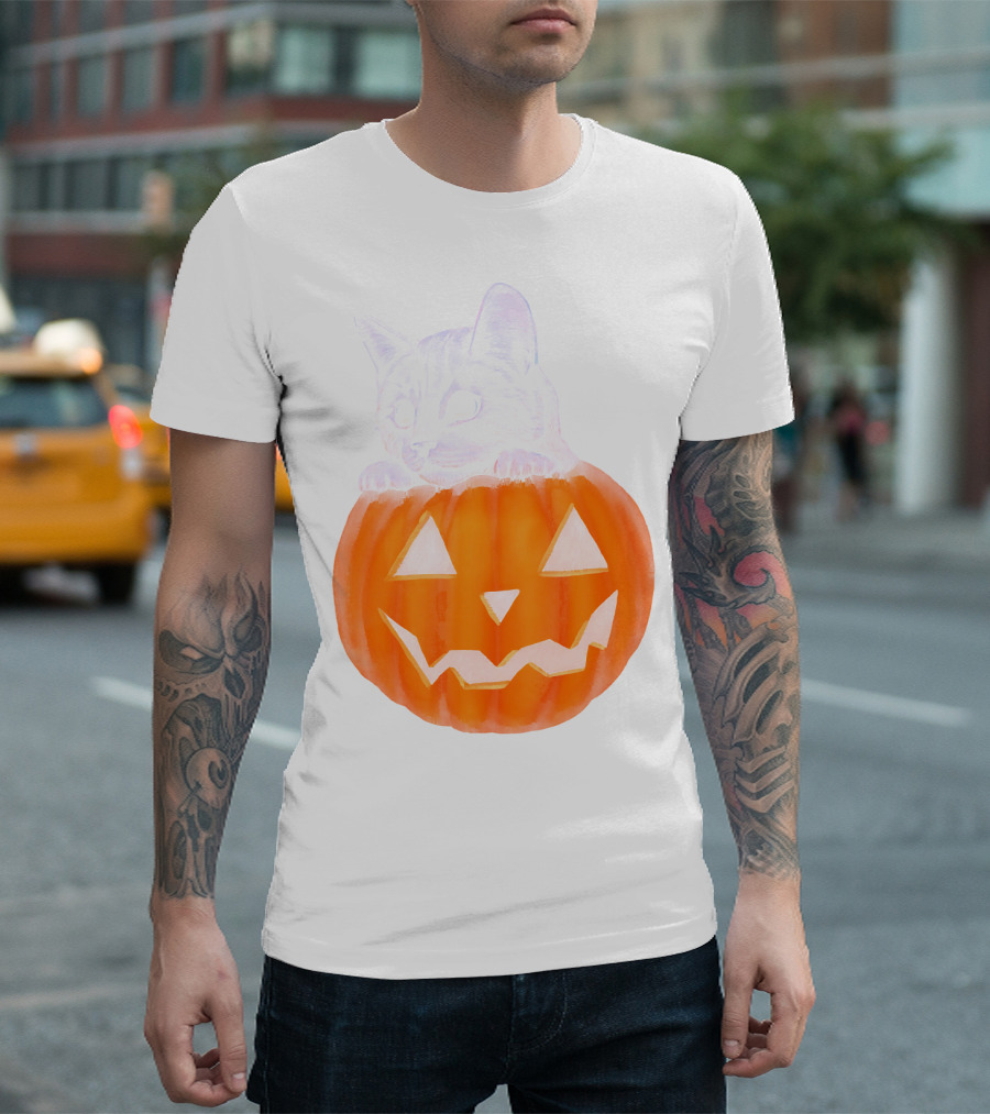 Kitten Peeking from Jack-O'-Lantern Pumpkin Halloween T-Shirt