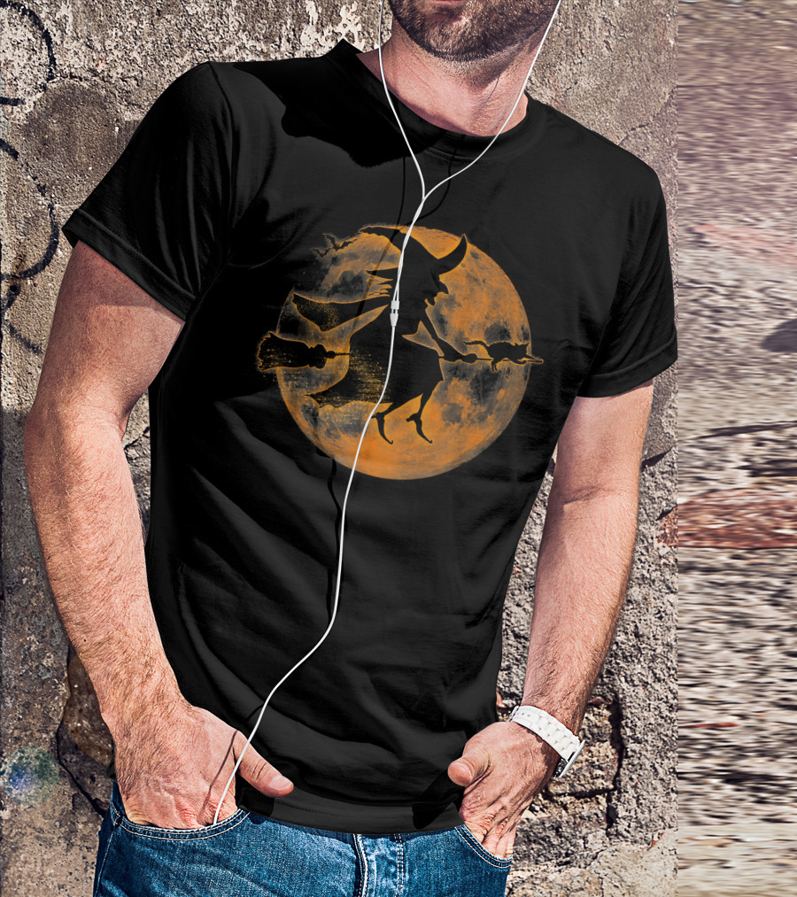Halloween Spooky Witch And Cat On Broomstick Full Moon Scene T-Shirt
