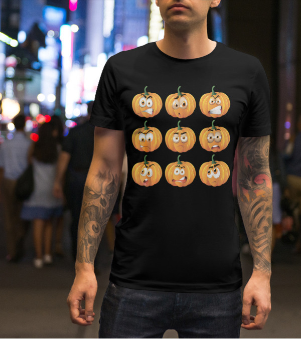 Pumpkin Emoji Faces Expressions Grid T-Shirt