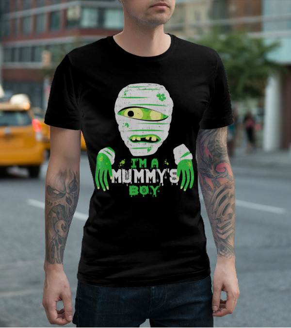 Creepy I'm A Mummy's Boy Green Cartoon Mummy Face And Hands T-Shirt