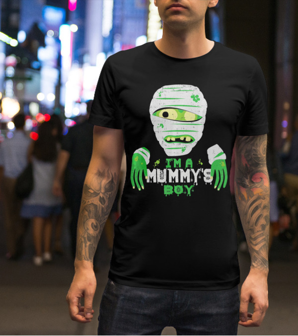 Creepy I'm A Mummy's Boy Green Cartoon Mummy Face And Hands T-Shirt
