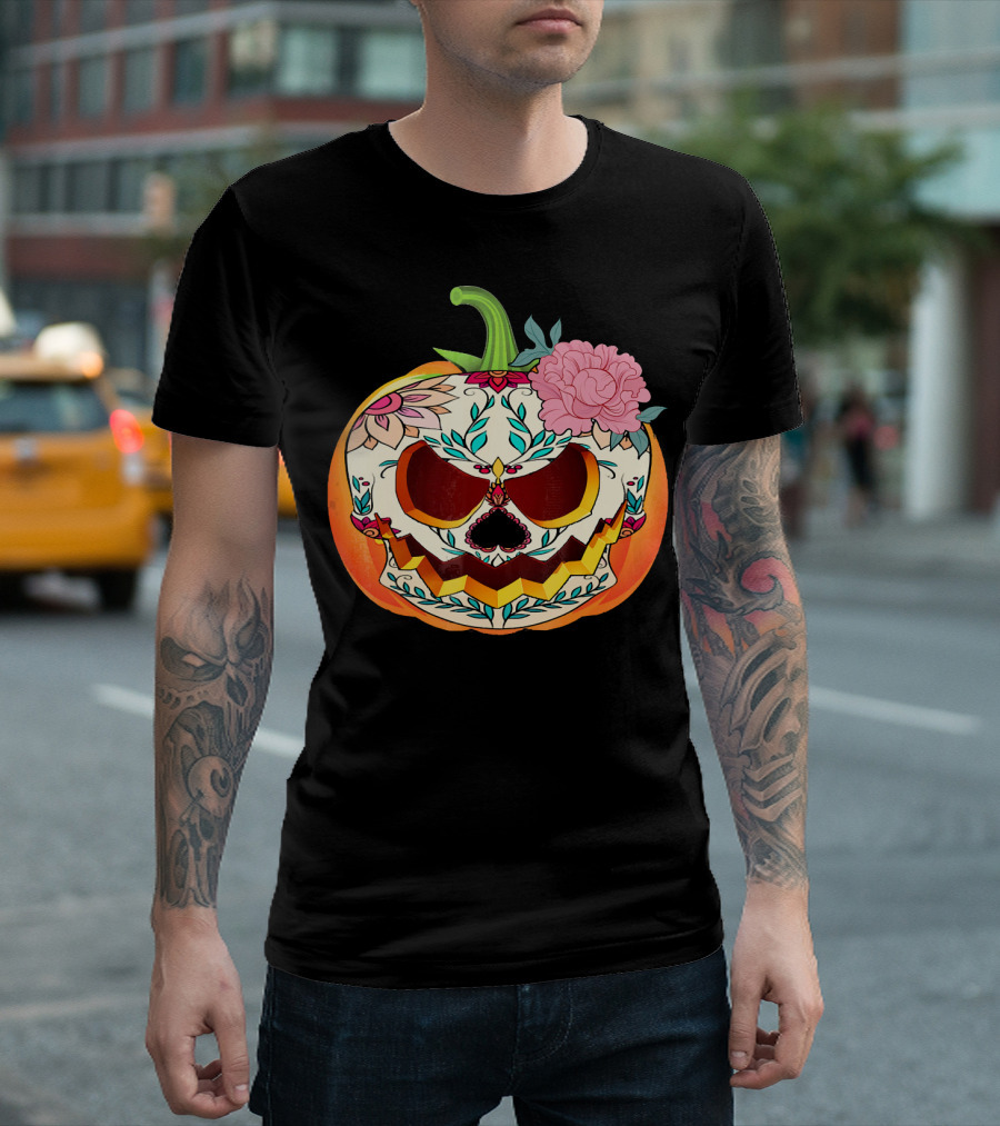 Day of the Dead Pumpkin Sugar Skull with Floral T-Shirt