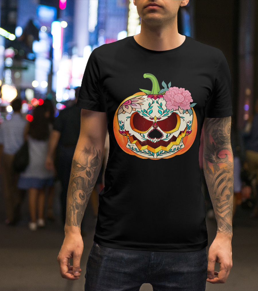 Day Of The Dead Pumpkin Sugar Skull With Floral T-Shirt