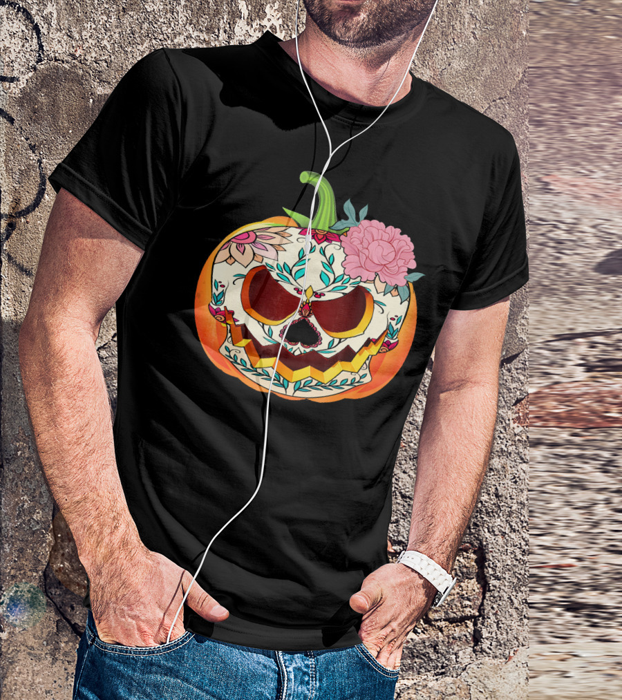 Day Of The Dead Pumpkin Sugar Skull With Floral T-Shirt
