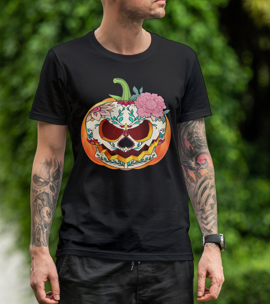 Day Of The Dead Pumpkin Sugar Skull With Floral T-Shirt