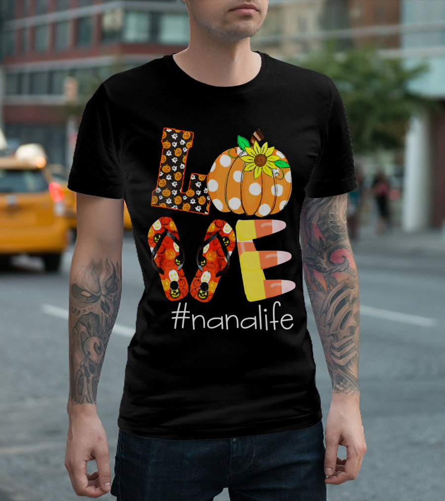 Nanalife Funny Love Pumpkin Flip Flops Halloween Candy Corn And Sunflower T-Shirt