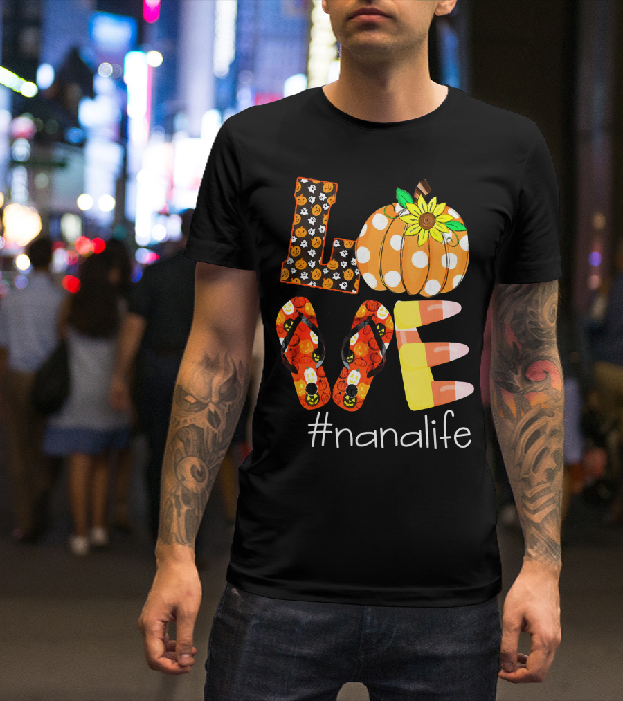 Nanalife Funny Love Pumpkin Flip Flops Halloween Candy Corn And Sunflower T-Shirt