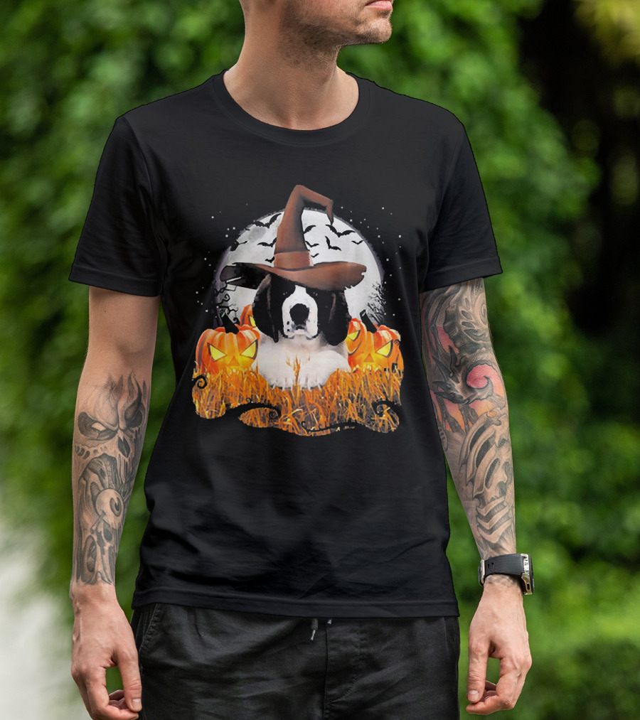 Cute Saint Bernard Dog Witch With Pumpkins And Full Moon T-Shirt