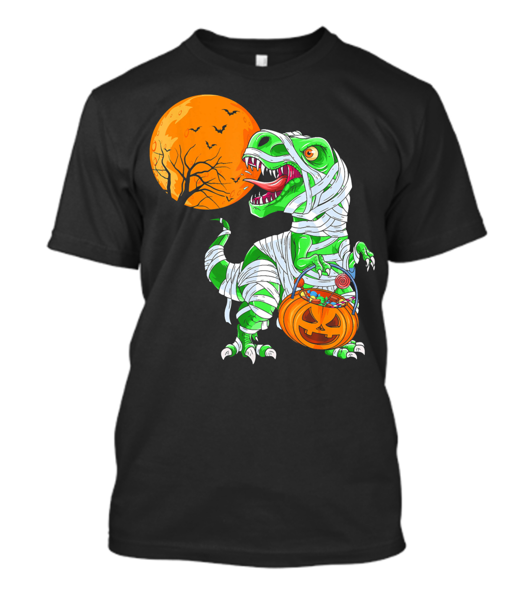 Halloween Mummy T Rex With Pumpkin Candy Under Full Moon T-Shirt
