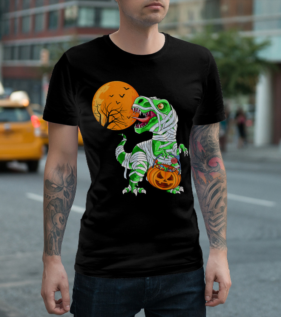 Halloween Mummy T Rex with Pumpkin Candy under Full Moon T-Shirt