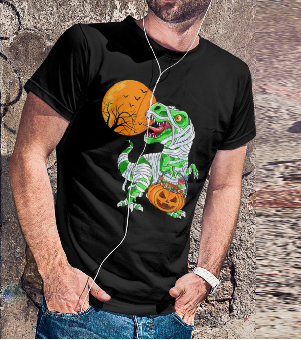 Halloween Mummy T Rex With Pumpkin Candy Under Full Moon T-Shirt