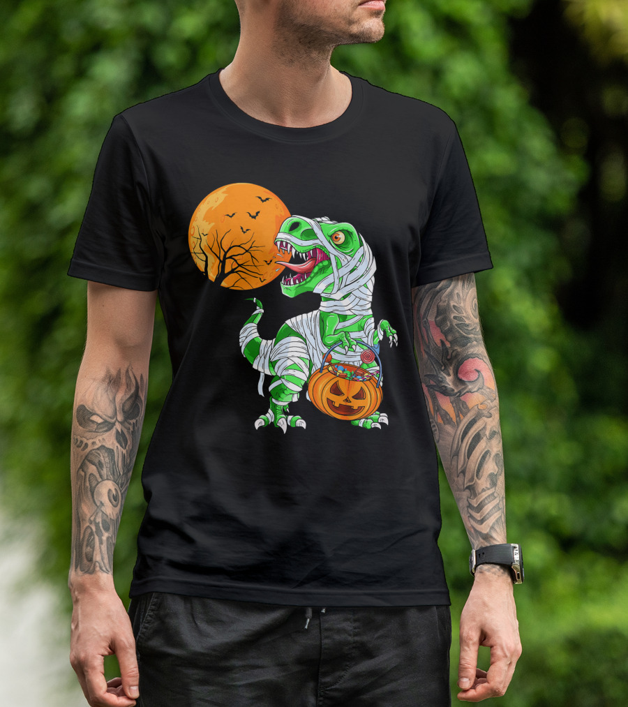 Halloween Mummy T Rex With Pumpkin Candy Under Full Moon T-Shirt