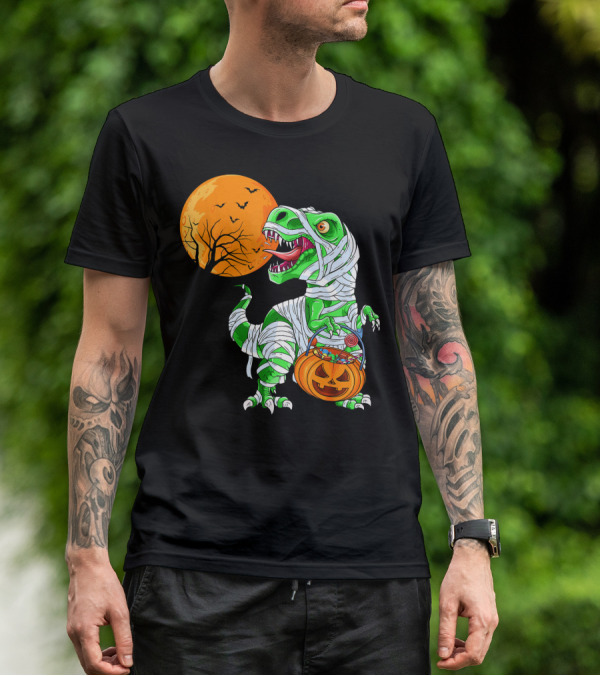 Halloween Mummy T Rex With Pumpkin Candy Under Full Moon T-Shirt
