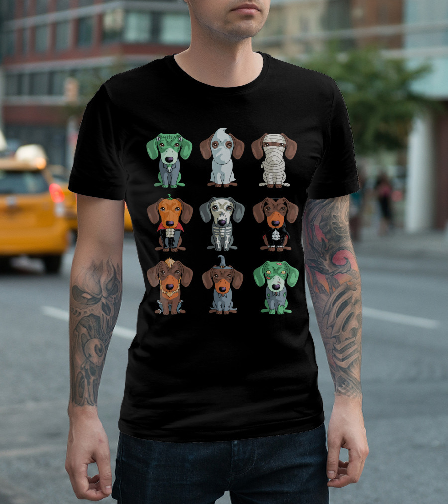 Dachshund Halloween Funny Weiner Frankenstein Ghost Mummy Pumpkin Skeleton Vampire Wizard Zombie Monster T-Shirt