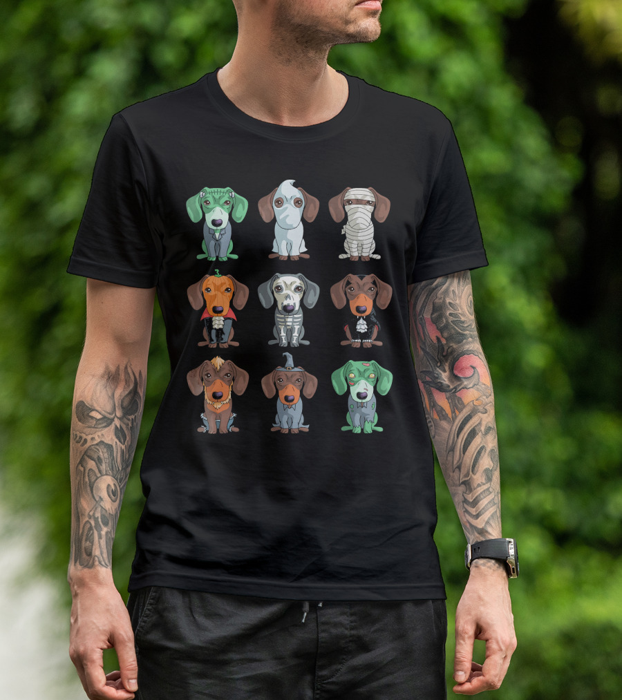Dachshund Halloween Funny Weiner Frankenstein Ghost Mummy Pumpkin Skeleton Vampire Wizard Zombie Monster T-Shirt