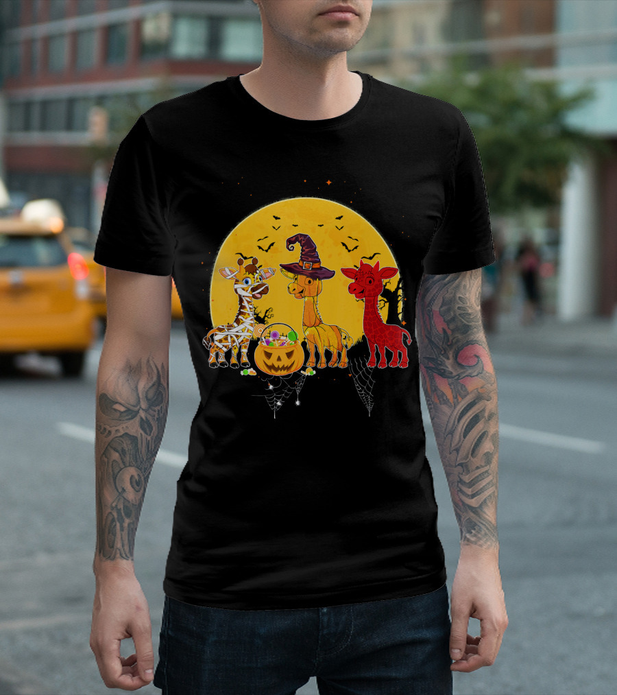 Three Giraffes Halloween Moon Mummy Witch Devil T-Shirt