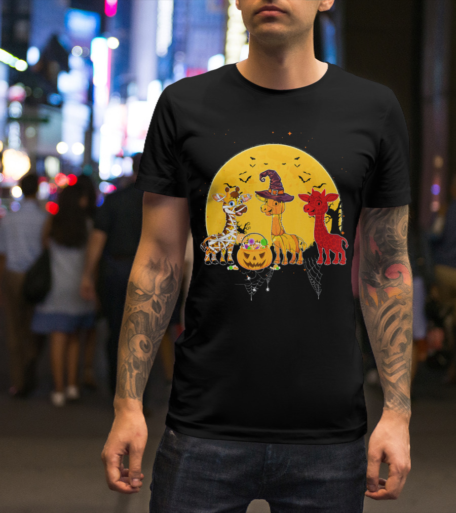 Three Giraffes Halloween Moon Mummy Witch Devil T-Shirt
