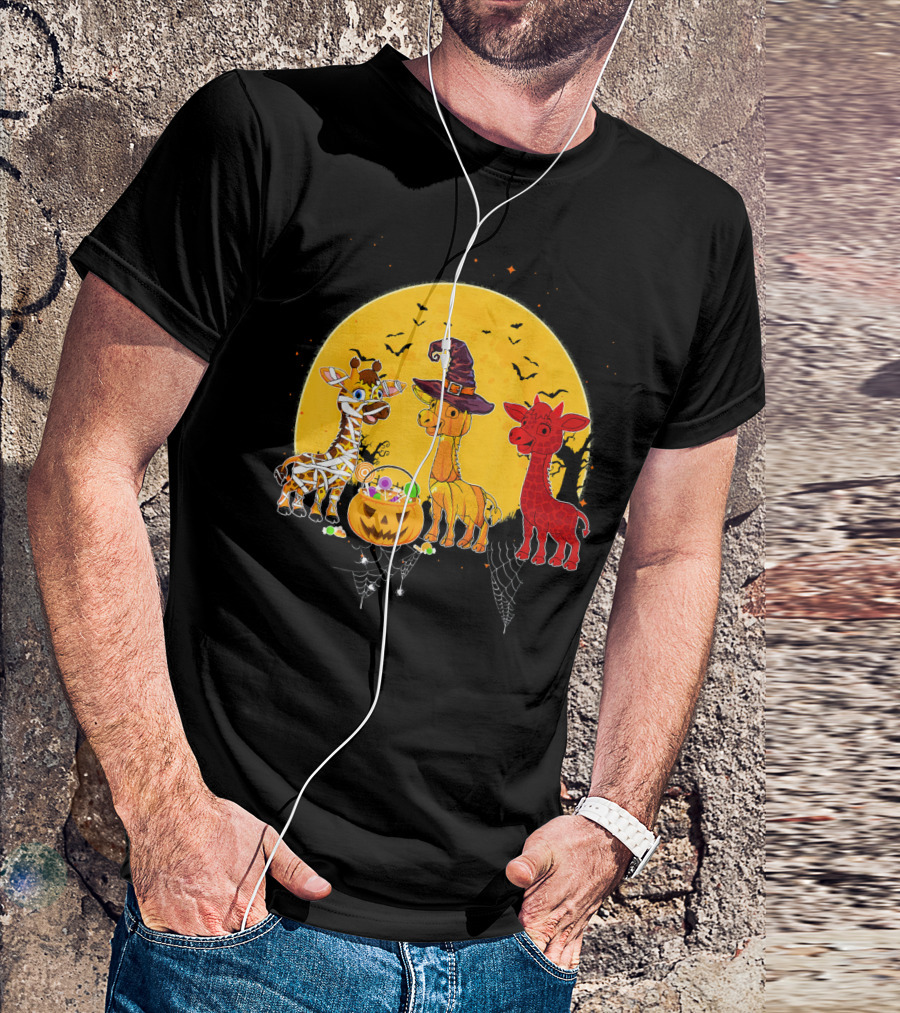 Three Giraffes Halloween Moon Mummy Witch Devil T-Shirt