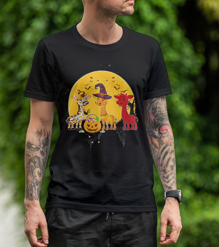 Three Giraffes Halloween Moon Mummy Witch Devil T-Shirt