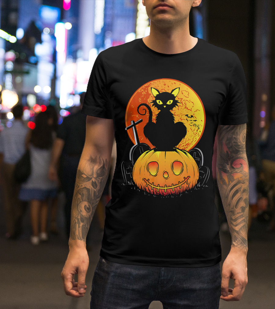 Halloween Black Cat On Pumpkin With Full Moon And Graveyard T-Shirt