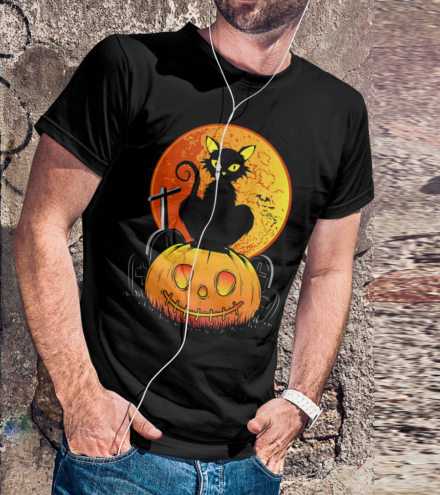 Halloween Black Cat On Pumpkin With Full Moon And Graveyard T-Shirt