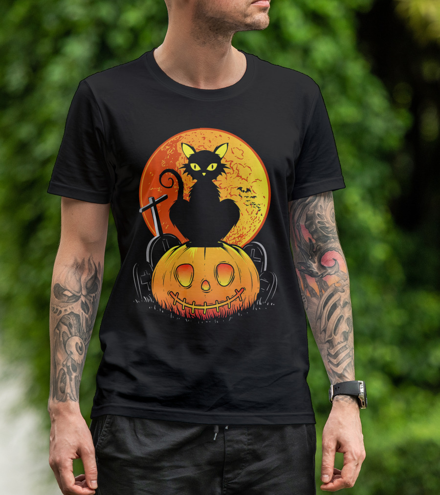 Halloween Black Cat On Pumpkin With Full Moon And Graveyard T-Shirt