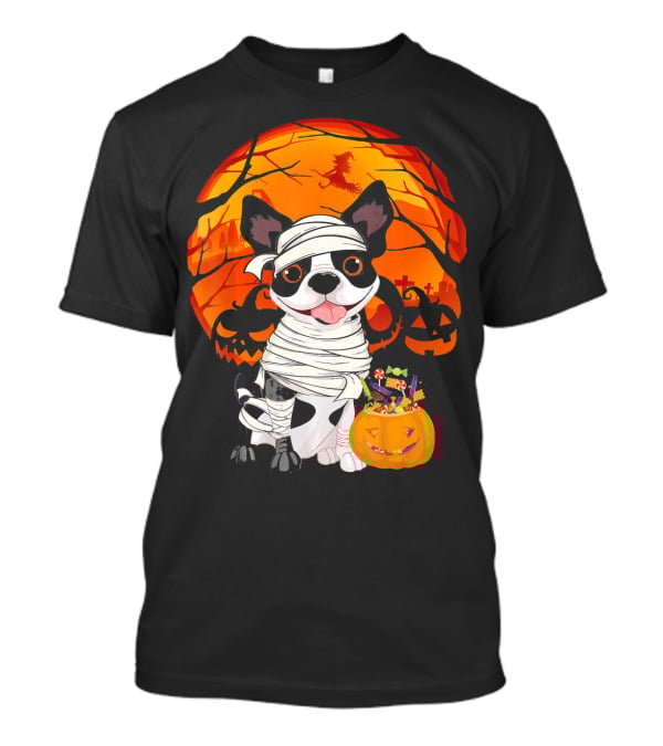 Halloween Kids Boston Terrier Mummy With Pumpkin And Witch T-Shirt