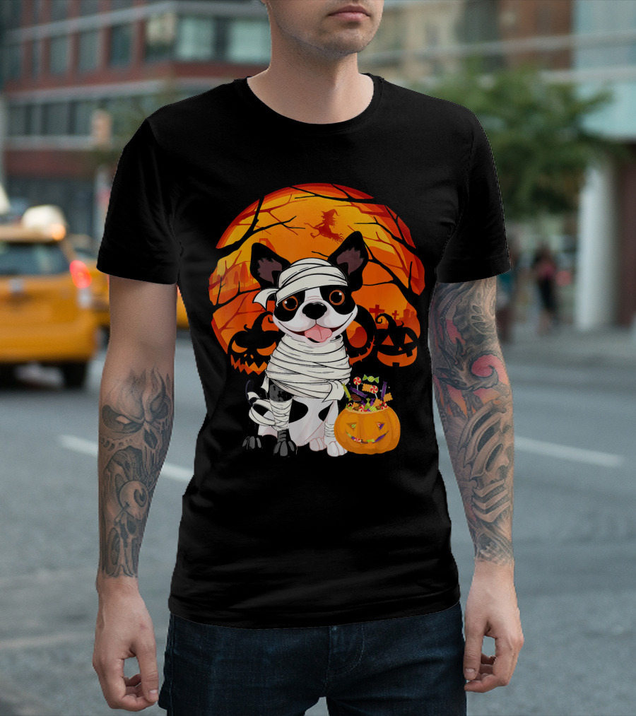Halloween Kids Boston Terrier Mummy with Pumpkin and Witch T-Shirt