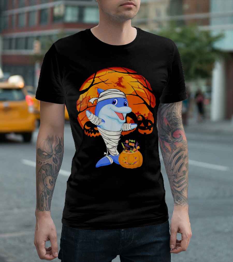 Halloween Dolphin Mummy with Candy Pumpkin and Witch Full Moon T-Shirt