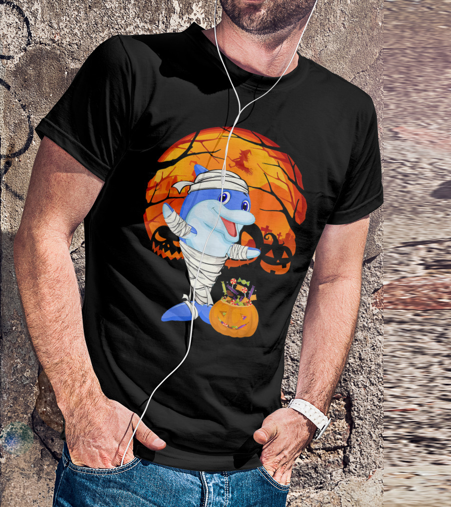 Halloween Dolphin Mummy With Candy Pumpkin And Witch Full Moon T-Shirt